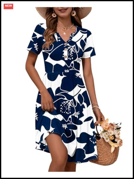Dresses & Skirts - Women's V Neck Button Down Midi Summer Dress with Pockets Short Sleeve